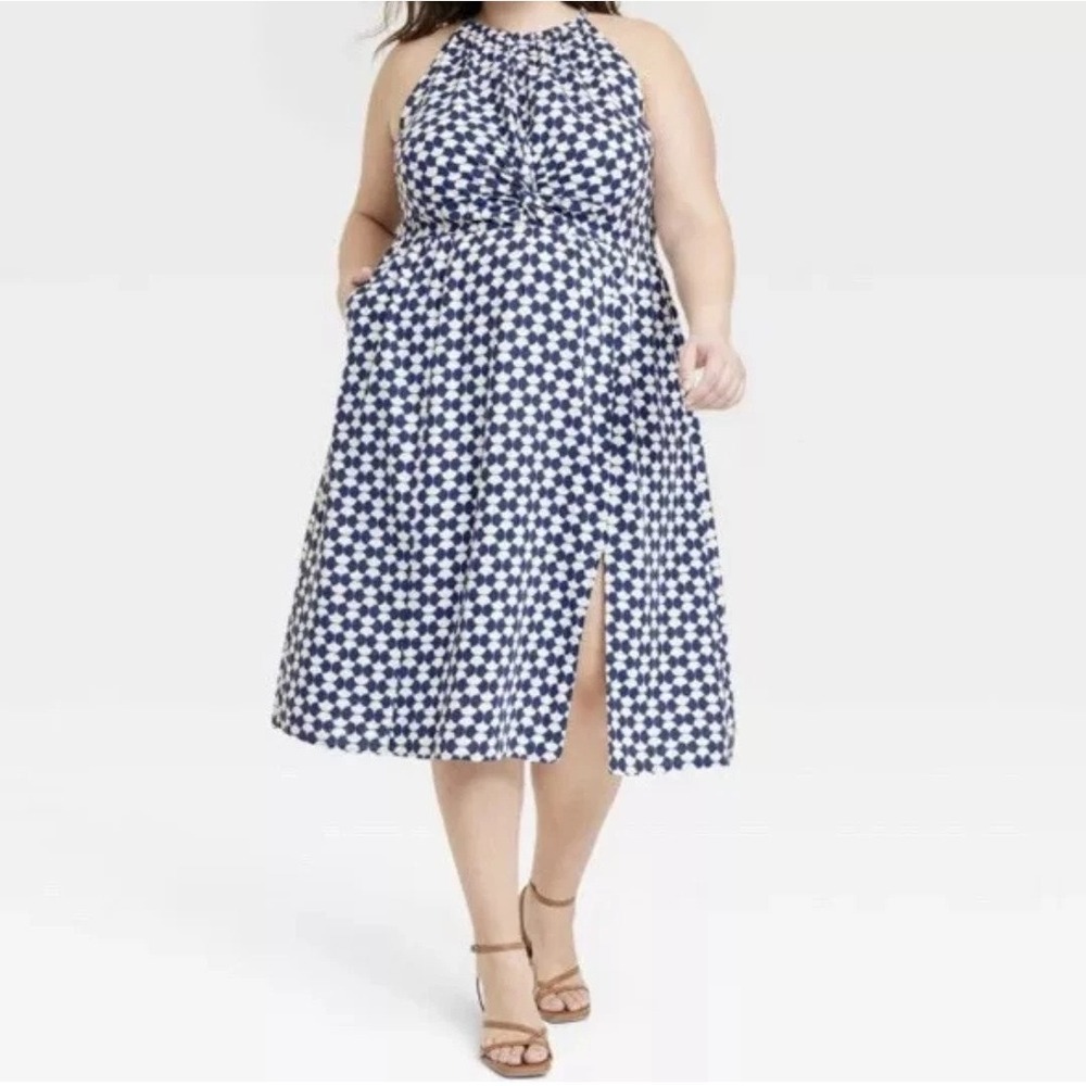 Ava & Viv Dress Women's Size XXL Blue White Geometric Halter Neck Dress